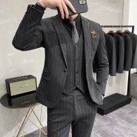 ❧♀☌ Gray Striped Suit Mens Korean-Style Slim Fit Casual Large Size Suit Mens Suit Bridegroom Wedding Ceremony Thug High Sense