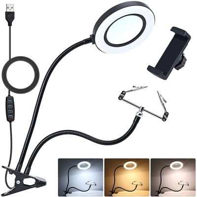 Flexible Clamp-on Table Lamp with 5x Magnifier Glass Swing Arm Dimmable with phone holder for repair reading