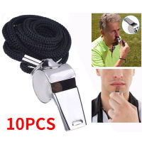 10pcs Lifeguard Whistle Stainless Steel Tube Whistles Coaches Referee Whistles with Strong Metal Cords for Survival Emergency ช่วยชีวิตกีฬาฟุตบอลการฝึกอบรม