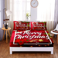 Red Christmas Digital Printed 3pc Polyester Fitted Sheet Mattress Cover Four Corners with Elastic Band Bed Sheet Pillowcase