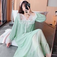 【 WYIN kitchen】 Fdfklak Women 39;s Home Clothes 【 WYIN kitchen】V Neck Net Yarn Nightdress Loose Long Sleeve Spring Autumn Dress Fleece Nightgowns Female