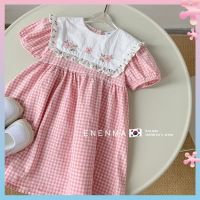 Mom childrens clothing 2022 summer dress Western style girl doll Collar Cotton embroidered sweet pink plaid dress