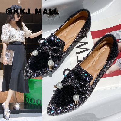 KKJ MALL Ladies Shoes 2022 Spring and Autumn New Casual Flat Shoes Korean Version Fashion Pointed Toe Shiny Soft Bottom Lazy Pearl Single Shoes