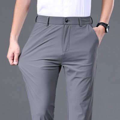 กางเกงผ้ายืดลายตามเอวยางยืดสำหรับนักธุรกิจผู้ชาย Celana Setelan ผู้ชายกางเกงสไตล์เกาหลีสีดำเทาน้ำเงินคลาสสิค