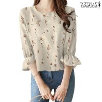 COD dhdfxcz ZANZEA Women Bohemian O-Neck Three Quarter Sleeve Ruffle Printing Leisure Blouses