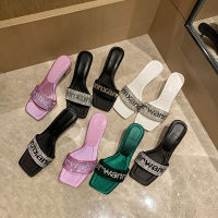 2023 alexanderwangˉSummer New Square Headed Rhinestone Open Toe Slim Heel Leather High Heels