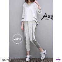 TW3754  Set 2ชิ้น เสื้อหน้าสั้นหลังยาว + กางเกงขายาวแต่งลายทูโทน...  ** สอบถามก่อนสั่งซื้อ **