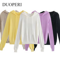 DUOPERI  Women Fashion Solid Knitted Pullover Hoodies Sweater Long Sleeve Hooded Neck Vintage Female Sweaters Chic Tops