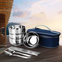 Picnic Tourist Set Outdoor Stainless Steel Tableware Camping Cutlery Chopsticks Spoon Bowls Bag Dinnerware Travel Tools Flatware Sets