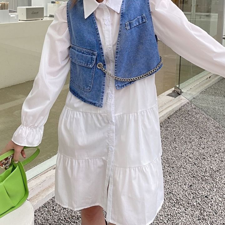 white-dress-summer-thin-2023-new-vintage-french-waist-design-sense-long-sleeve-polo-womens-two-piece-set