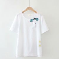 【มีไซส์ใหญ่】Plus Size XL-4XL White Blue Tops Womens Embroidery Casual T-Shirt Korean Fashion Top Female Short Sleeve Summer Shirts