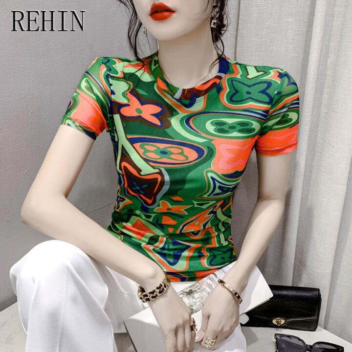 rehin-เสื้อยืดผู้หญิงฤดูร้อนแฟชั่นแขนสั้นพิมพ์ลายตาข่ายคอกลมเสื้อมีสไตล์เกาหลีเสื้อเชิ้ตชายและใหม่