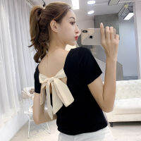 เกาหลี Slim Hollow Halter Bow ถักเสื้อยืดรอบคอ Bottoming เสื้อแขนสั้น Women