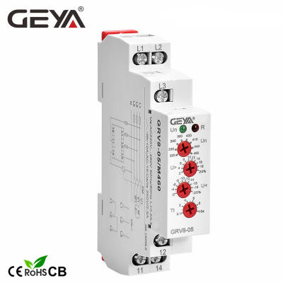 จัดส่งฟรี GEYA GRV8-05รีเลย์ป้องกันแรงดันไฟฟ้าที่มีเฟสลำดับเฟสความล้มเหลวไม่สมมาตรล่าช้าเวลา FunctionAC220V-460V