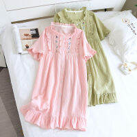 Japanese summer ladies nightdress 100 cotton crepe cute skirt thin embroidery flowers short-sleeved home skirt plus size sleep