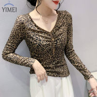 YIMEI  2022 autumn new V-neck bead printing T-shirt female thin long-sleeved Slim female T-shirt hundred hit bottom shirt top