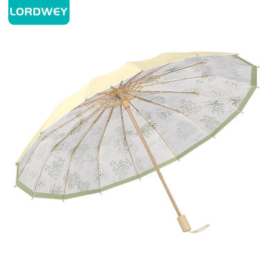 LORDWEY ร่มผู้หญิงลายดอกไม้วินเทจ16ซี่โครงด้ามไม้กลางแจ้งจีนคลาสสิกกันแดดร่มกันฝนอุปกรณ์กันฝนขนาดเล็ก