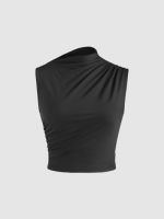 Cider Knit Fabric Asymmetrical Neck Ruched Tank Top