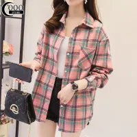 Oooo Camisoles for women Blouses plaid shirt women new Korean style loose long-sleeved jacket