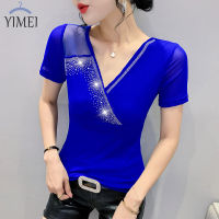 YIMEI เสื้อยืดผ้าตาข่ายแขนสั้นผู้หญิง,แฟชั่นของผู้หญิงเสื้อคอวีเว้าลึกเข้ารูปใส่ได้หลากหลายฤดูร้อน2023