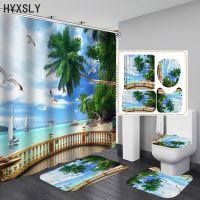 4pcs Beach Scenery Waterproof Shower Curtain 3D Bathroom Hanging Curtains Seaside View Custom Rug Sets Toilet Cover Mat Carpet