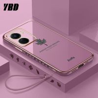 YBD เคสมือถือชุบโลหะขอบตรงสำหรับเคส Vivo Y16 เคสป้องกันกล้องแม่นยำใบเมเปิลเคสกันกระแทกพิมพ์ลายพร้อมฟรีสายคล้อง