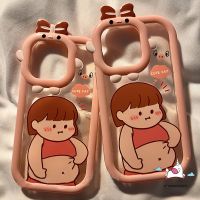 3D Bowknot Little Monsterเลนส์กรณีสำหรับiPhone 11 13 12 14 Pro Max 7 8 6 6S 14 Plus XR X XS MAX SE 2020 น่ารักการ์ตูนสาวอ้วนนุ่มฝาหลัง