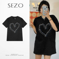 【HOT】Sezo พร้อมส่ง หลวม พิมพ์รูปหัวใจ วินเทจ เวอร์ชั่นเกาหลี oversize ท็อปส์ซู ผ้าฝ้าย100%cotton