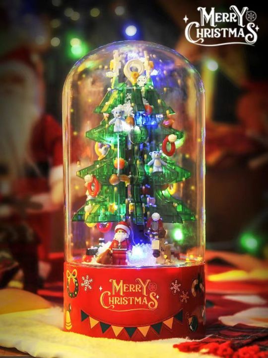 ของขวัญคริสต์มาสกล่องดนตรีอนุภาคขนาดเล็กประกอบบล็อกตุ๊กตาหิมะต้นคริสต์มาสบ้านขนมหมุนอัตโนมัติหิมะ