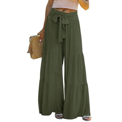 Casual Woman Pants Lace-up High Waist Elastic Waistband Pants Pleated Stitching Straight Wide Leg Long Trousers Female Clothing