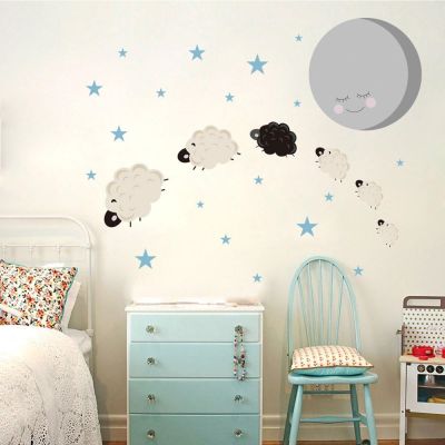 Cartoon Little Sheep Moon Stars Wall Stickers Bedroom Kids Baby Rooms Home Decoration Mural Kindergarten Wallpaper Cute Decals