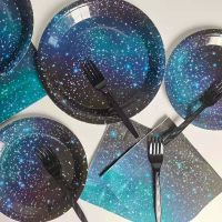 【CW】 8pcs Starry Sky Disposable Tableware Happy Birthday Party Decor Navy Blue Plates Cups Kid Andults Galaxy Table Baby Shower