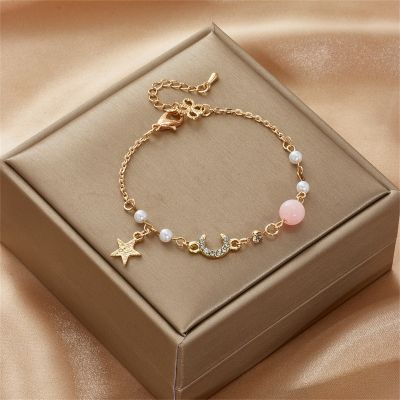 Korean Simple Star Moon Zircon Pearl Bracelet For Women Ladies Cute Elegant Exquisite Shiny Link Chain Bracelet Charm Jewelry