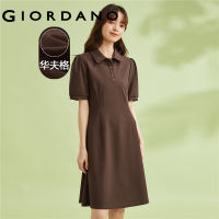 GIORDANO Women Dresses Puff Short Sleeve Pleated Polo Dresses Solid Color Simple Comfort Fashion Casual Waffle Dresses 18463712