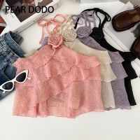 PEAR DODO เสื้อสายเดี่ยวผู้หญิงสั้นแต่งลูกไม้ดอกกุหลาบเกาหลี