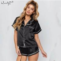 Women Satin Silk Pajama Sets Sweet Cute Sleepwear Womens Homewear Short Sleeve Top and Shorts Drawstring Pyjamas