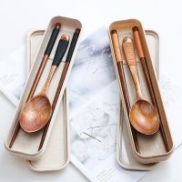 3Pcs/Set Portable Wooden Stainless Steel Lunch Cutlery Outdoor Travel Chopsticks Spoon Tableware Flatware Sets