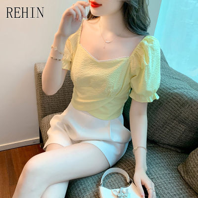 REHIN Women S Top New Summer Niche Design French Square Collar Straps Short Sleeve Shirt Thin Trend Blouse