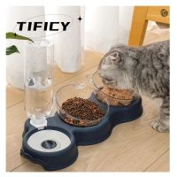 3 in 1 Cat Food Bowl Automatic Feeder Pet Dog Cat Food Container Drinking Raised Stand Dish Bowls With Water Fountain Double Bow