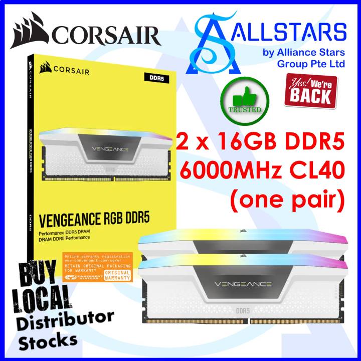ALLSTARS We are Back DIY RAM PROMO) Corsair Vengeance RGB DDR5 32GB  (2x16GB) 6000MHz CL40 (White) Gaming RAM Kit (CMH32GX5M2B6000C40W)  (Warranty Ltd lifetime with Convergent) Lazada Singapore