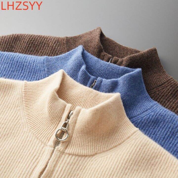 lhzsyy-คาร์ดิแกนผ้าแคชเมียร์ถักชายวัยกลางคน-เสื้อโค้ทมีซิปคอปก100-ขนสัตว์แท้ฤดูใบไม้ร่วงฤดูหนาวหนาเสื้อกันหนาวสำหรับผู้ชาย