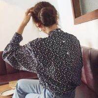 [COD] South Korea chic retro fashion personality back button design feeling long-sleeved collar chiffon floral jacket female