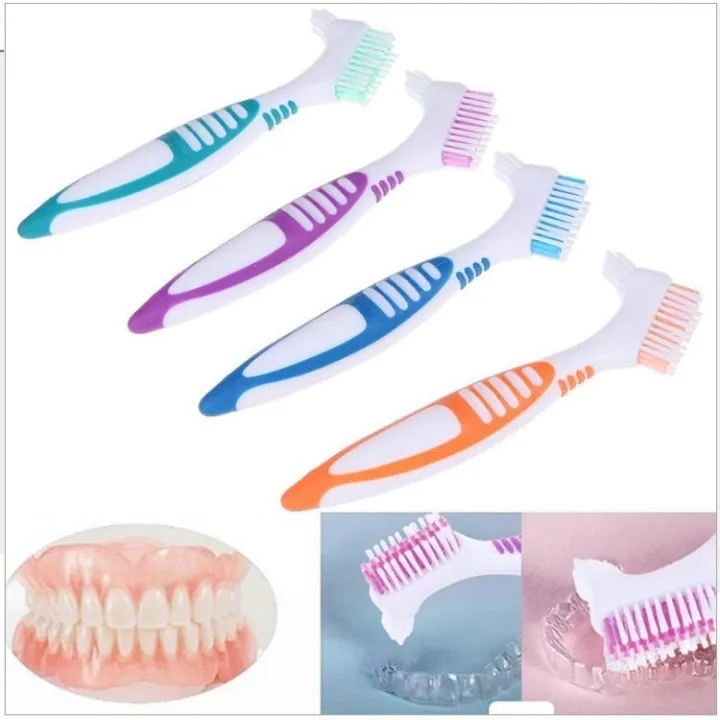 Dentures sets of teeth clean a twoheaded toothbrush with cleaning