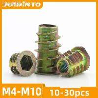 JUIDINTO 10/20/30pcs Thread Insert Nut for Wood Yellow Zinc M4 M5 M6 M8 M10 Flanged Hex Drive Head Furniture Nuts Connector