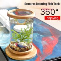 360 Degree Rotating Glass Betta Fish Tank Bamboo Base Mini Fish Tank Decoration Rotate Fish Bowl Aquarium Accessories