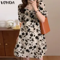 VONDA Women Short Sleeve Square Collar Pleated Dress Floral Printed Holiday Party Mini Dresses (Korean Causal)