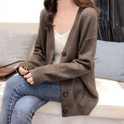Korean Fashion Slim Loose V-neck Knitted Cardigan Womens Solid Color All-match Coat