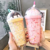 Cute water cups cool personality fun straws plastic water cups ice cream design color girls and kids favorite gift bottles