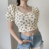 Sweet Floral Lace Trim Square Neck Puff Sleeve Top Womens Korean Crop Top