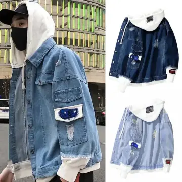 Men ripped hot sale denim jacket